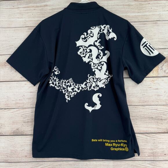 Vintage Japanese Ryu Kyu Bats Print Polo Shirt Men's Medium Navy Blue - Picture 2 of 12